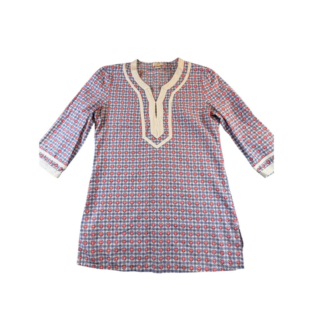 J.Crew Red Blue White Geometric Floral Tunic Top XXS Split Neck 3/4 Sleeve